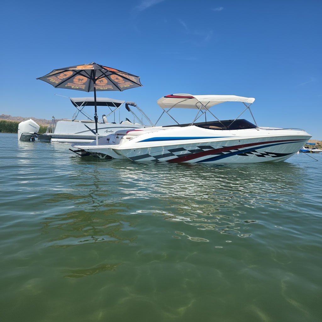 White performance boat and pontoon rafted on the lake with umbrellas over their swim platforms