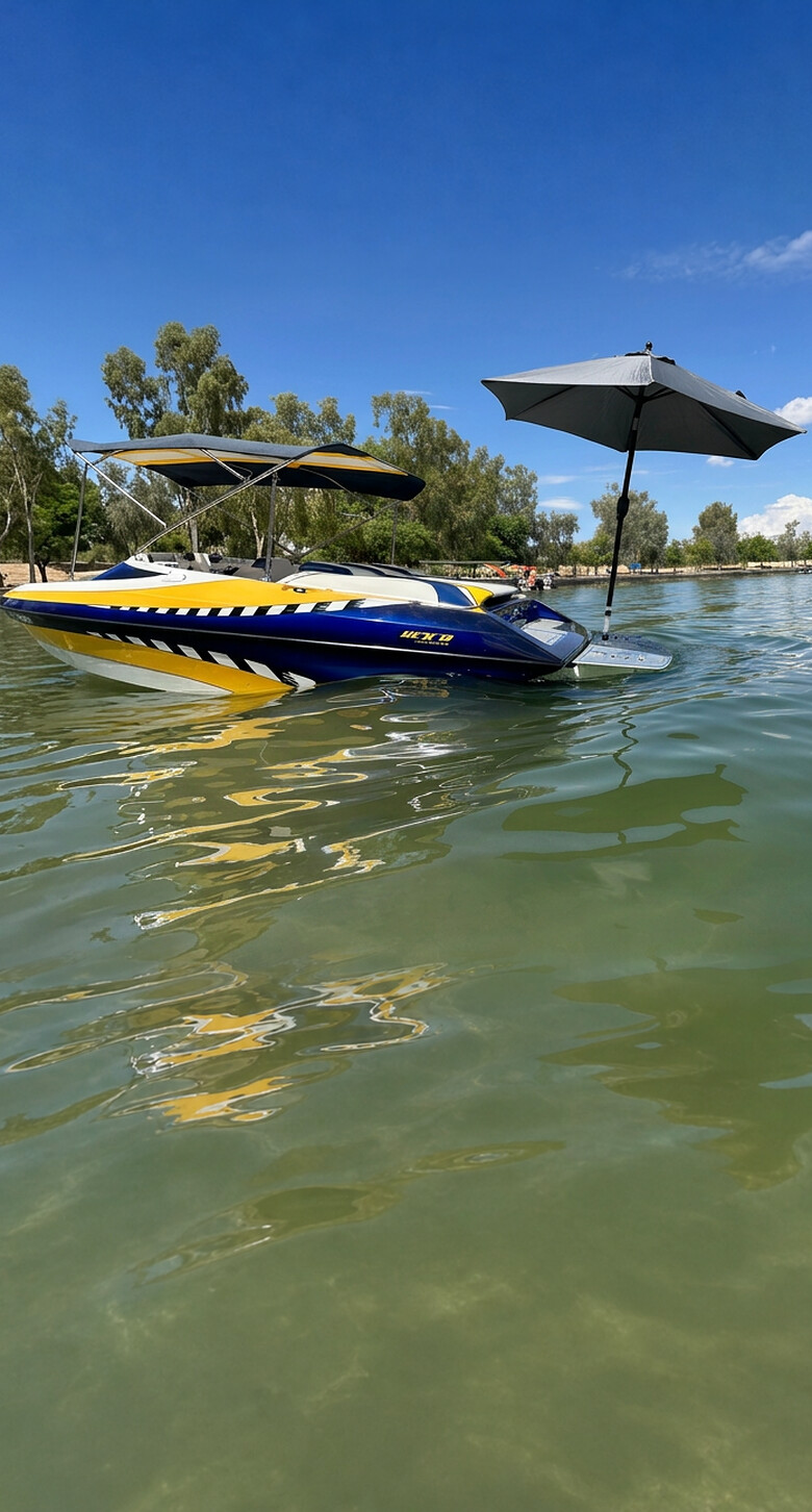 Black Sandbar Shade umbrella raised over the swim platform of a boat anchored on a calm lake, seen from the stern