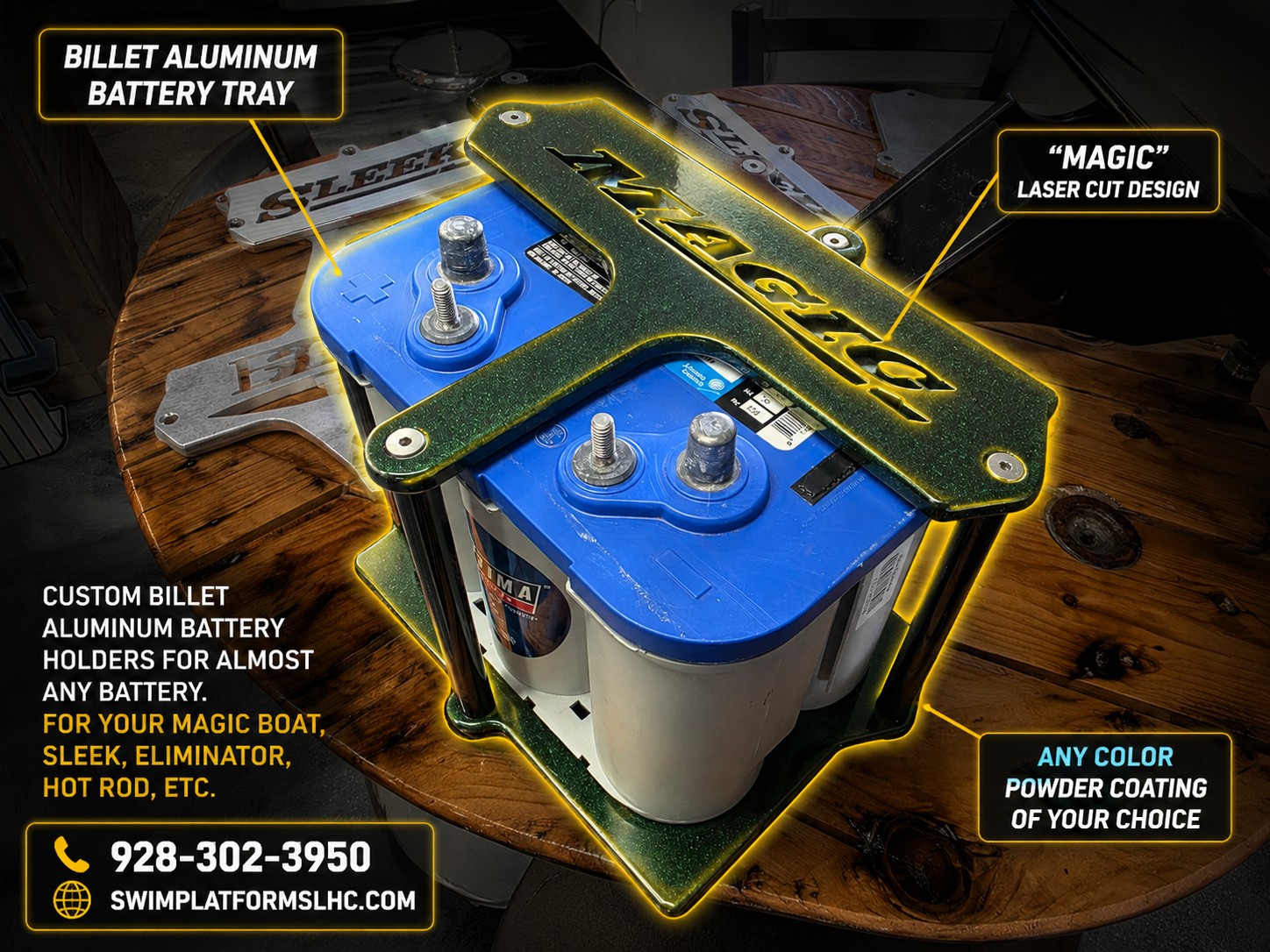 Custom billet aluminum battery tray with a powder coat finish
