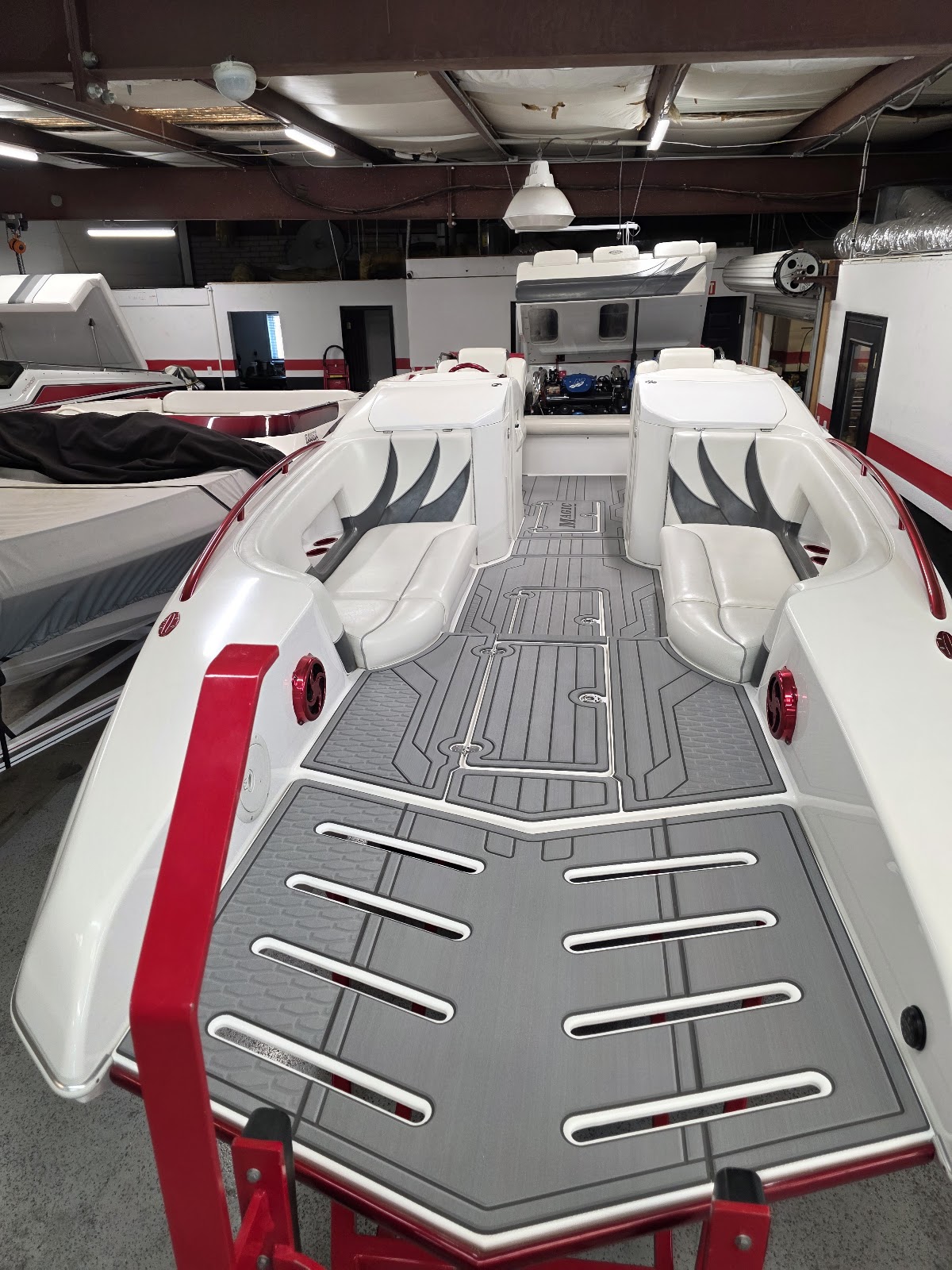 Boat interior with gray and red marine decking