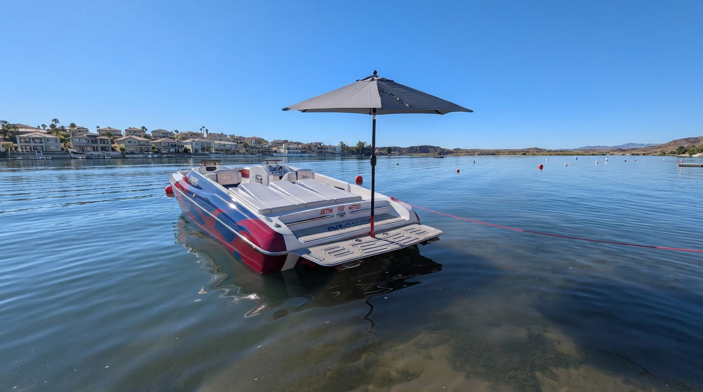 Magic deck boat anchored on calm water with a gray Sandbar Shade umbrella mounted over its custom swim platform finished in patterned marine decking